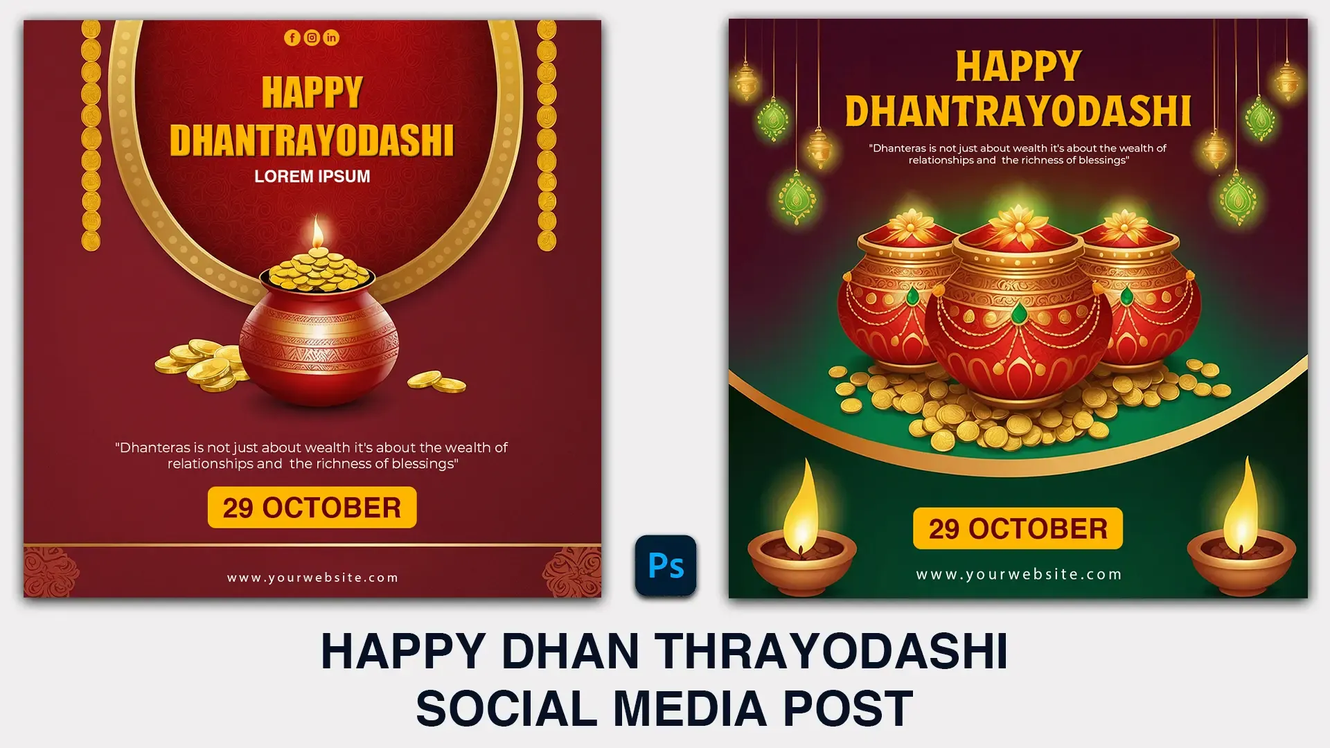 Happy Dhanteras Social Media Post PSD with Gold Pot and Decorative Lighting